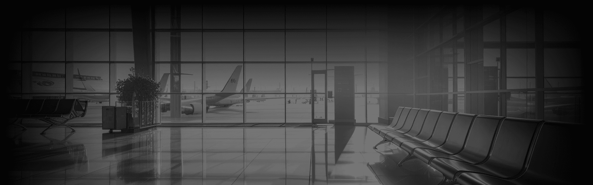 Prestige Ride website hero section showing a sleek airport terminal with modern seating and a backdrop of airplanes