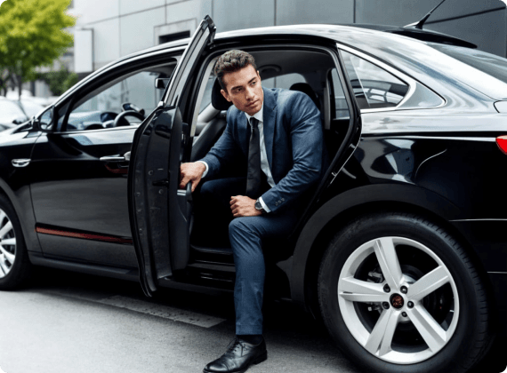 Man in navy suit stepping out of a sleek black sedan on a city street, exuding confidence and professionalism.