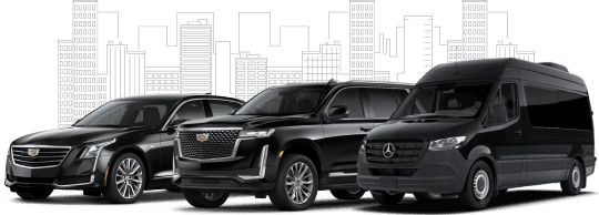 Fleet of luxury black vehicles, including a Cadillac sedan, Cadillac Escalade SUV, and a Mercedes-Benz Sprinter van, in front of a cityscape line-art background