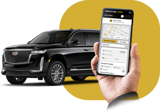 Close-up of a hand holding the Prestige Ride app in front of a premium black SUV, showcasing smart ride booking.