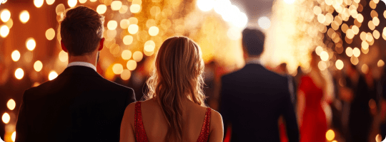 Elegant couple entering a glamorous prom venue with bokeh lights and formal-dressed guests in the background.
