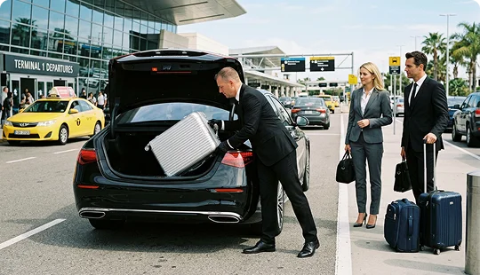 A professional chauffeur loads a silver suitcase into the open trunk of a black sedan at an airport drop-off zone. Two business professionals in suits stand on the sidewalk next to their luggage outside a departures terminal.
