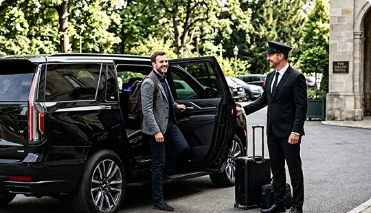 A professional chauffeur in a uniform and cap holds open the rear door of a black luxury SUV. A male passenger wearing a backpack smiles as he prepares to enter the vehicle, with luggage placed on the pavement nearby.