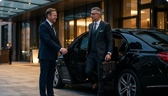 A professional chauffeur in a dark suit opens the door of a luxury black sedan for a businessman outside a hotel or corporate building. The businessman is carrying a briefcase and smiling as he steps out of the car, presenting a premium executive transport.