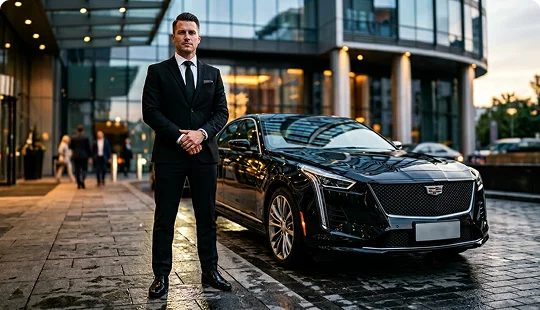 A professional chauffeur in a black suit and tie stands with hands clasped in front of a sleek black luxury sedan. The vehicle is parked on a wet stone driveway outside a modern glass commercial building during the day.