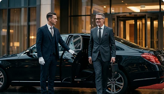 A professional chauffeur wearing a three-piece suit and white gloves holds open the passenger door of a black luxury sedan. An older businessman carrying a briefcase walks away from the vehicle outside a modern hotel entrance with revolving doors.