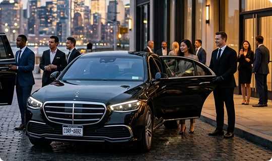 A black luxury sedan parked on a cobblestone street at dusk with a city skyline visible across the water in the background. A professional chauffeur in a suit holds the rear door open for a businesswoman as other professionals stand nearby outside a building.