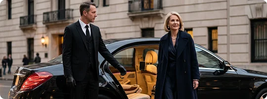 A professional chauffeur wearing a dark suit and gloves holds open the rear door of a black luxury sedan. A blonde businesswoman wearing a navy blue coat smiles as she walks away from the vehicle on a city street.