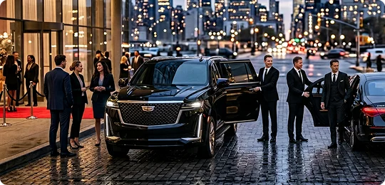 A black luxury SUV and sedan are parked on a wet cobblestone city street at night outside a building with a red carpet entrance. Professional chauffeurs in suits hold the vehicle doors open for a group of business professionals standing nearby.