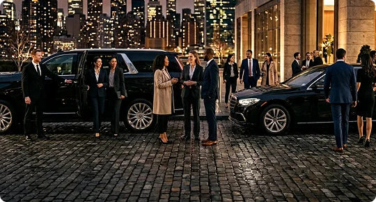 A group of professionally dressed businesspeople mingles on a cobblestone driveway at night between a luxury black SUV and a black sedan. A uniformed chauffeur holds open a vehicle door for arriving guests, with an illuminated city skyline visible in the background.