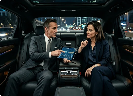 Two business executives in formal suits sit in the spacious back seat of a luxury vehicle traveling at night. The man points to financial charts displayed on a digital tablet as the woman listens attentively.