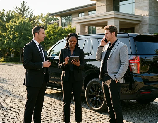 Three professionals in business attire stand outdoors on a paved driveway in front of a modern building and a black SUV. One man speaks while gesturing, a woman looks down at a tablet computer, and another man talks on a mobile phone.