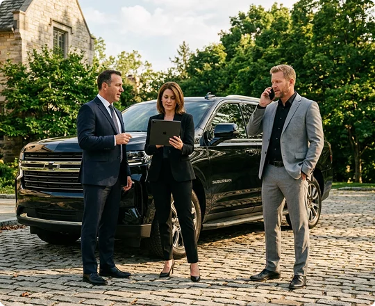 Three business professionals in suits standing on a cobblestone driveway next to a parked black luxury SUV. A woman looks at a tablet while one man speaks to her and another man talks on a cell phone nearby.