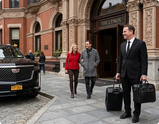 A smiling couple walks arm-in-arm out of an elegant brick building toward a parked black luxury SUV. A professional chauffeur in a suit stands ready on the sidewalk holding their rolling suitcase and travel bag.