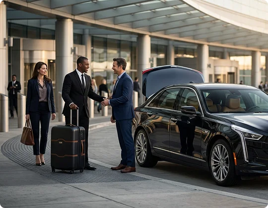A professional chauffeur in a black suit shakes hands with a businessman next to a black luxury sedan with its trunk open. A businesswoman carrying a handbag walks alongside them on the terminal sidewalk outside a modern airport.