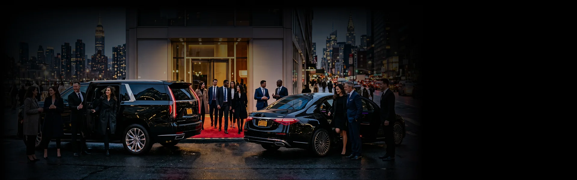 A website homepage for a luxury chauffeur service featuring a black SUV and a black sedan parked in front of a city building where professionally dressed people mingle on a red carpet.