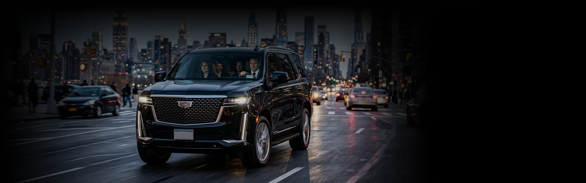 A black luxury SUV driving on a busy city street at dusk with an illuminated city skyline in the background. Passengers are visible through the windshield inside the vehicle, which is showcased on a website interface with a booking widget.
