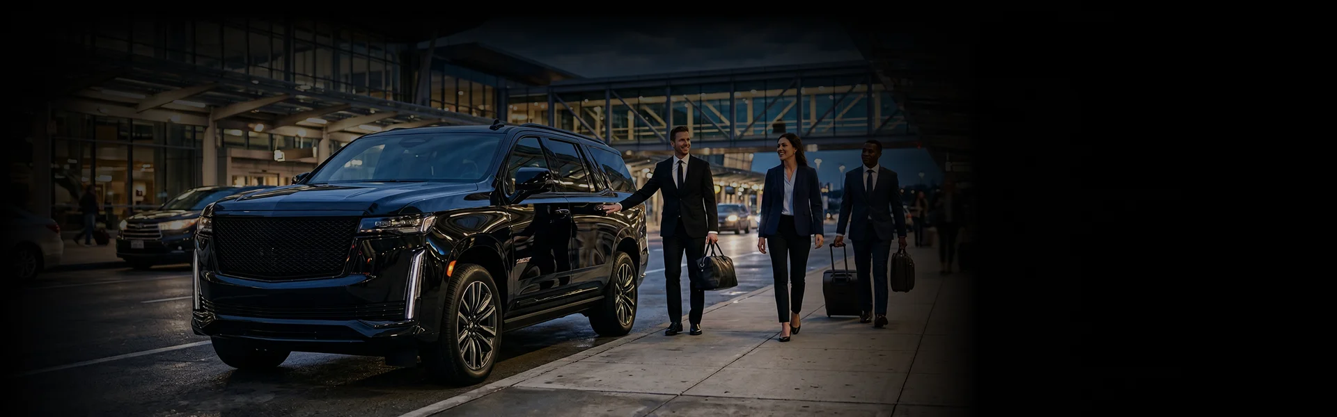 A sleek black luxury SUV parked outside a modern airport terminal at dusk. A professional chauffeur in a suit holds the passenger door open for a businesswoman walking toward the vehicle.