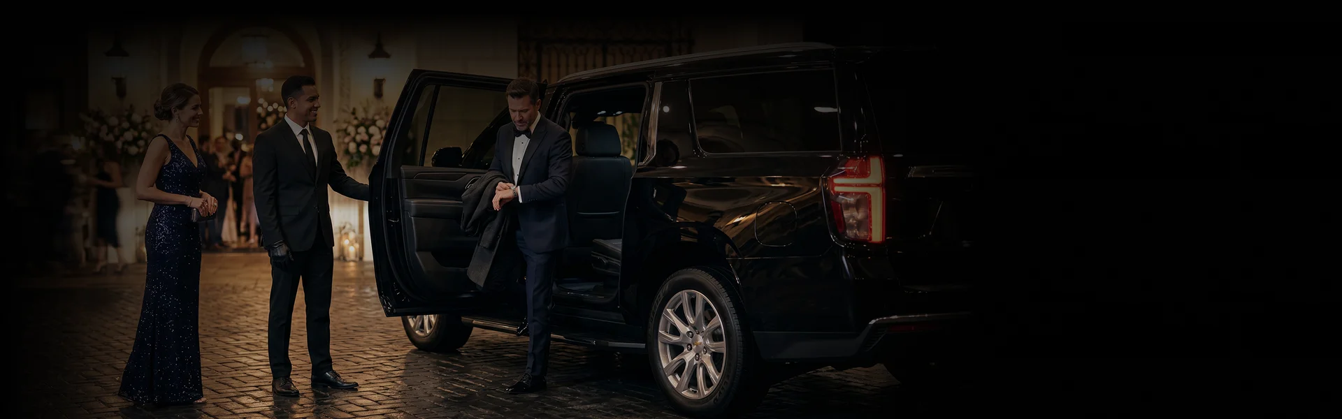 A professional chauffeur holds open the rear door of a black luxury SUV for a man in a tuxedo checking his watch. A woman in a formal evening gown stands nearby on a cobblestone driveway outside a lit venue at night.