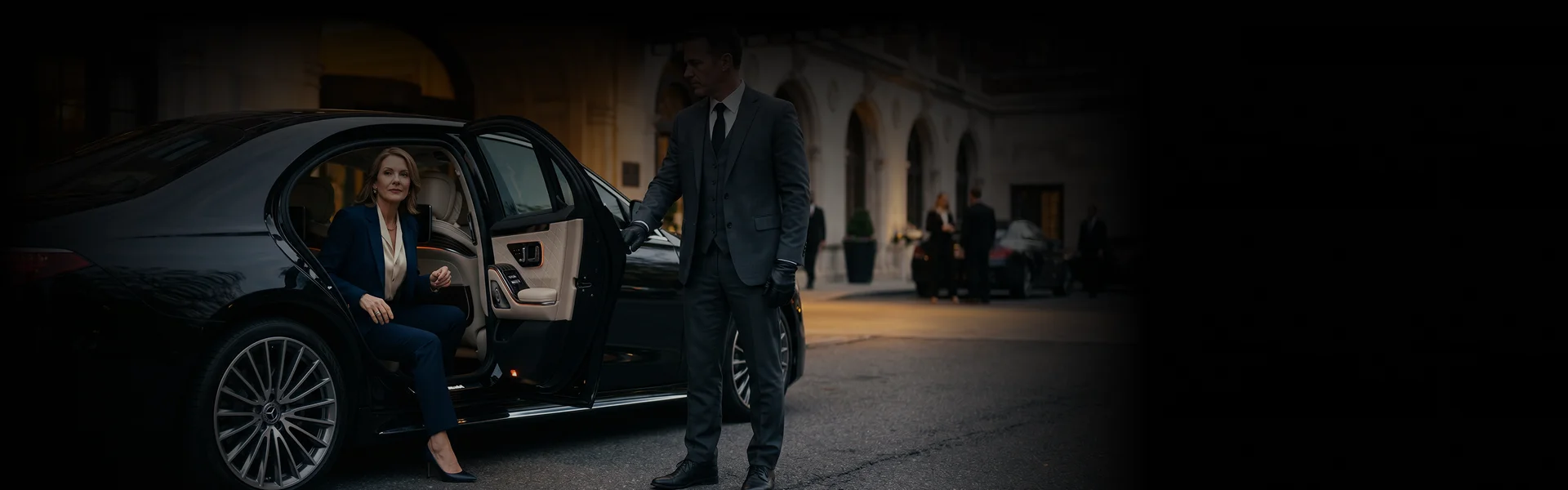 A professional chauffeur in a suit holding open the door of a luxury black sedan for a businesswoman in a navy suit. 